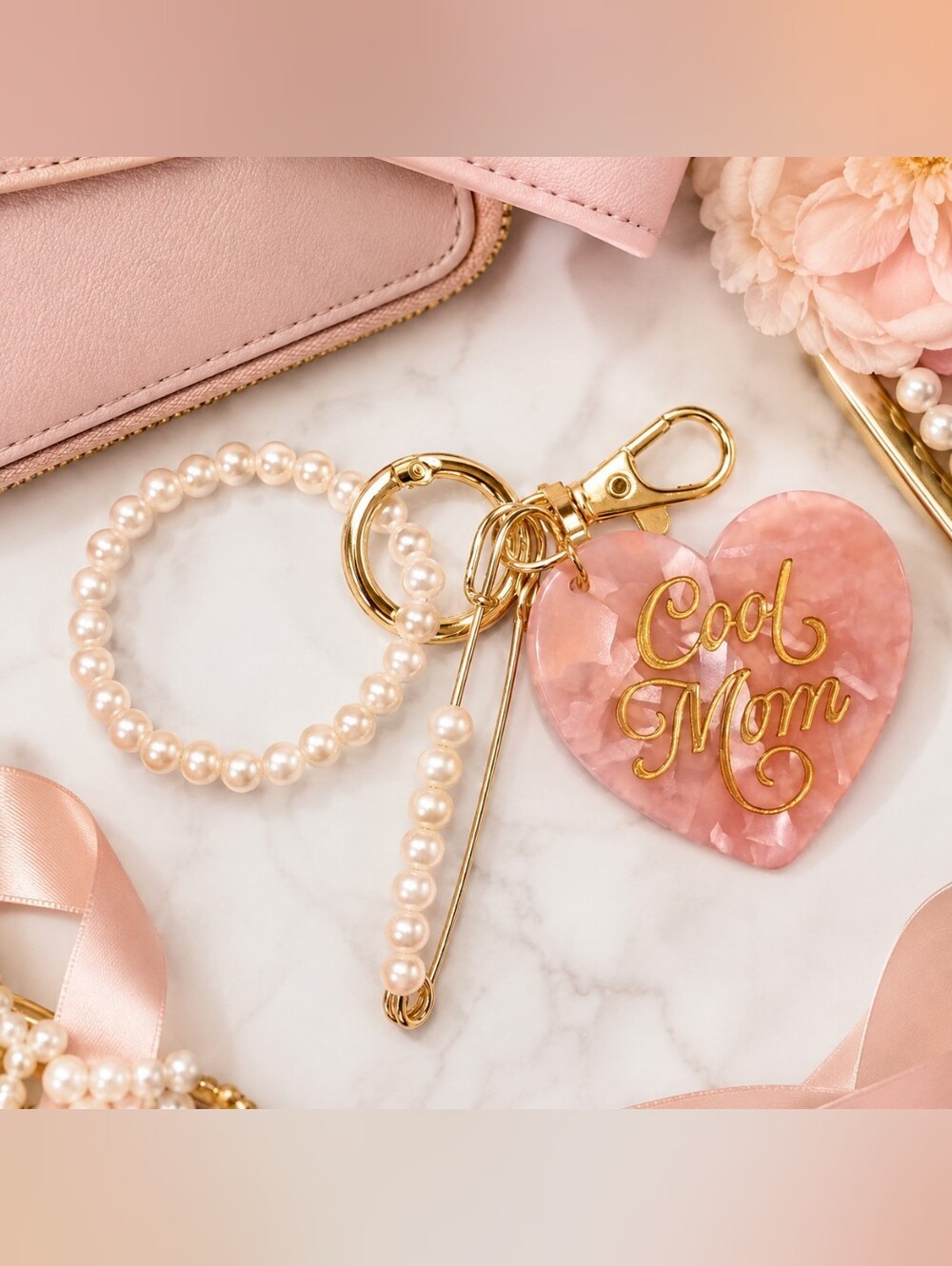 💗 Cool Mom Pink Heart Keychain + Chic Gold Pearl Pin + Pearl Wristlet 💗
